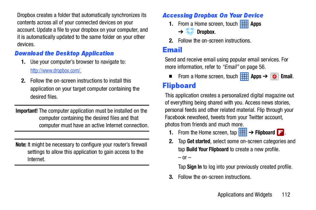 Samsung GT-N5110 user manual Flipboard, Download the Desktop Application, Accessing Dropbox On Your Device 