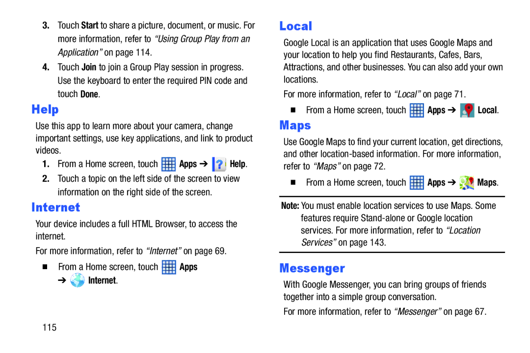 Samsung GT-N5110 user manual Help, For more information, refer to Local on, For more information, refer to Messenger on 115 