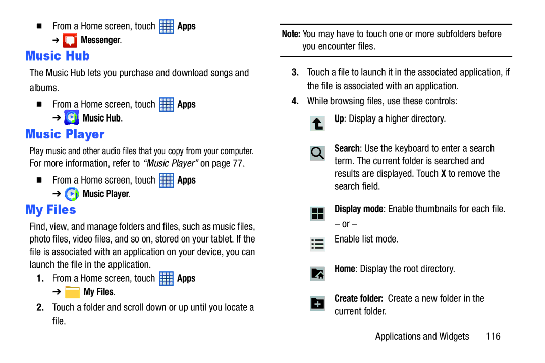 Samsung GT-N5110 user manual Music Hub, My Files, Create folder Create a new folder in the current folder 