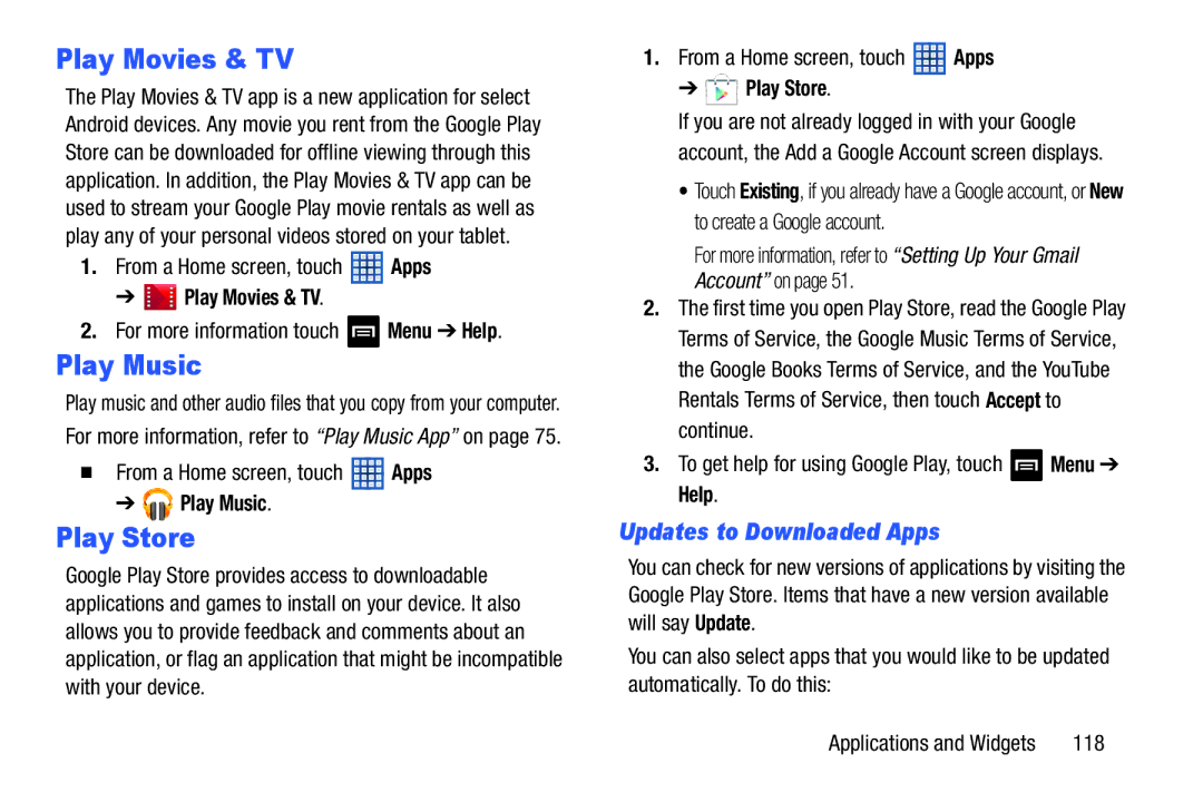 Samsung GT-N5110 user manual Play Movies & TV, Play Music, Play Store, Updates to Downloaded Apps 