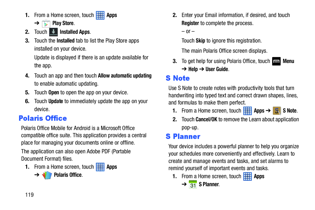 Samsung GT-N5110 user manual Polaris Office, Planner 