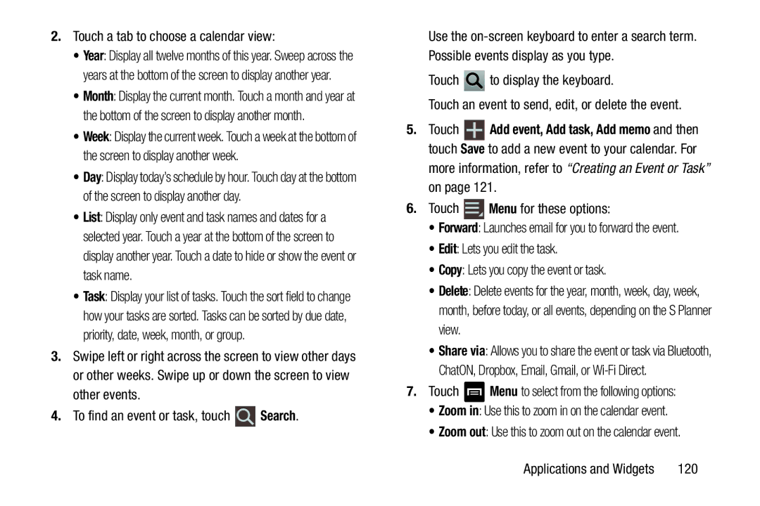 Samsung GT-N5110 user manual Touch a tab to choose a calendar view, 120 