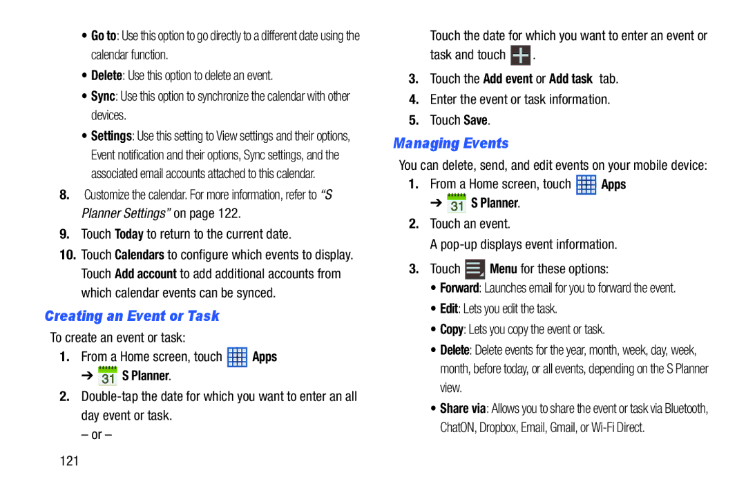 Samsung GT-N5110 user manual Creating an Event or Task, Managing Events, Touch the Add event or Add task tab 