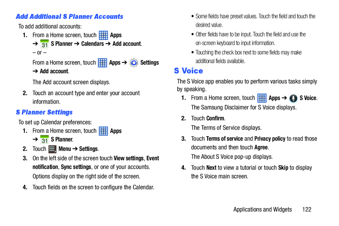 Samsung GT-N5110 user manual Voice, Add Additional S Planner Accounts, Planner Settings, Planner Touch Menu Settings 