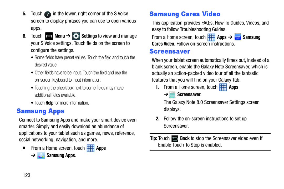 Samsung GT-N5110 user manual Samsung Apps, Samsung Cares Video, Screensaver 