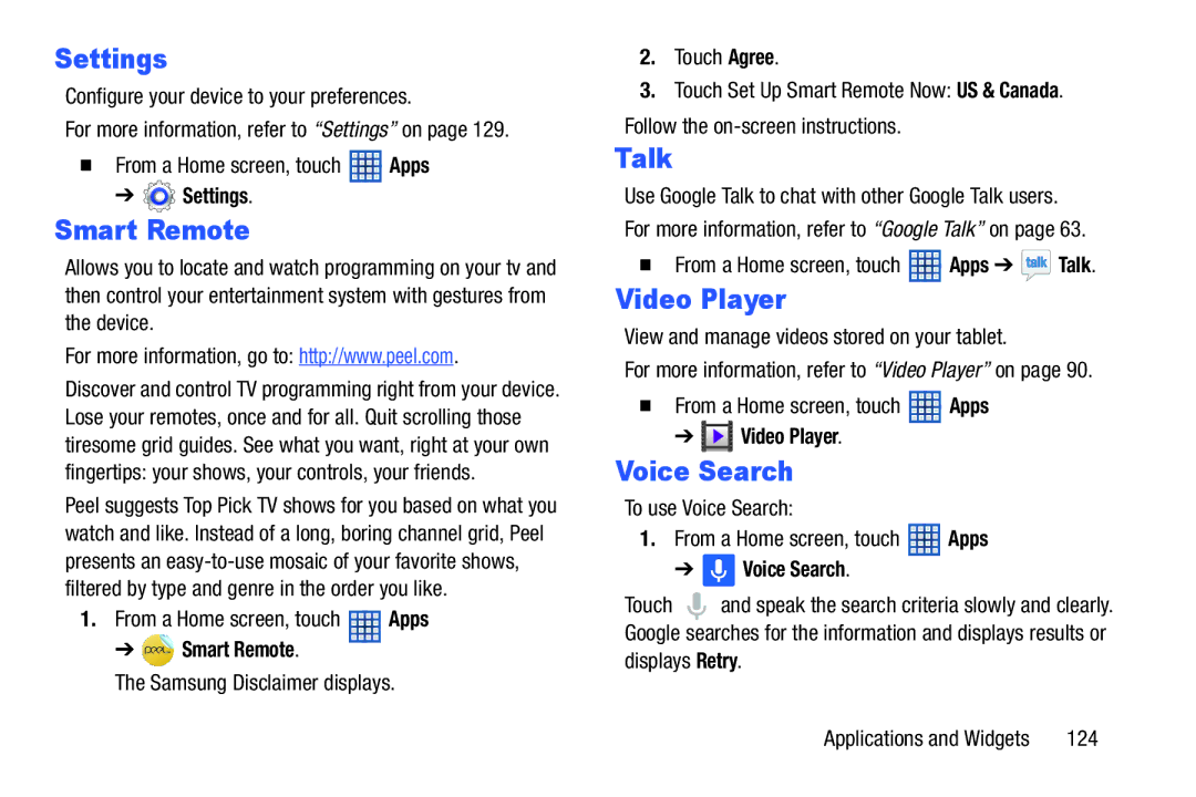 Samsung GT-N5110 user manual Settings, Smart Remote, Talk, Voice Search 