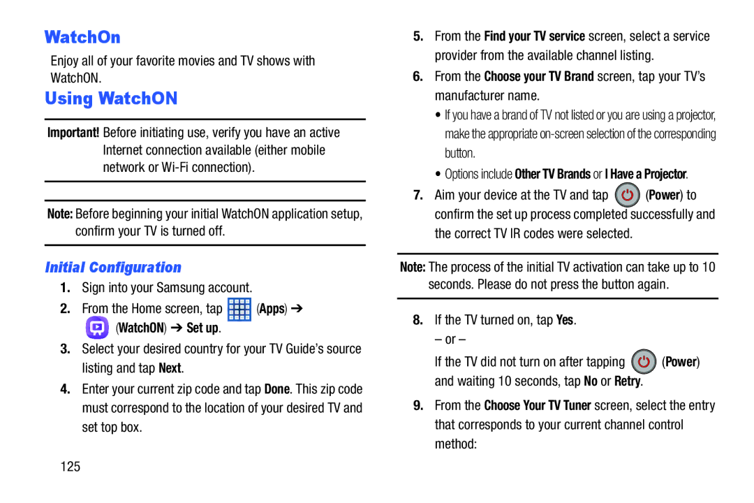 Samsung GT-N5110 user manual WatchOn, Using WatchON, Initial Configuration, WatchON Set up 