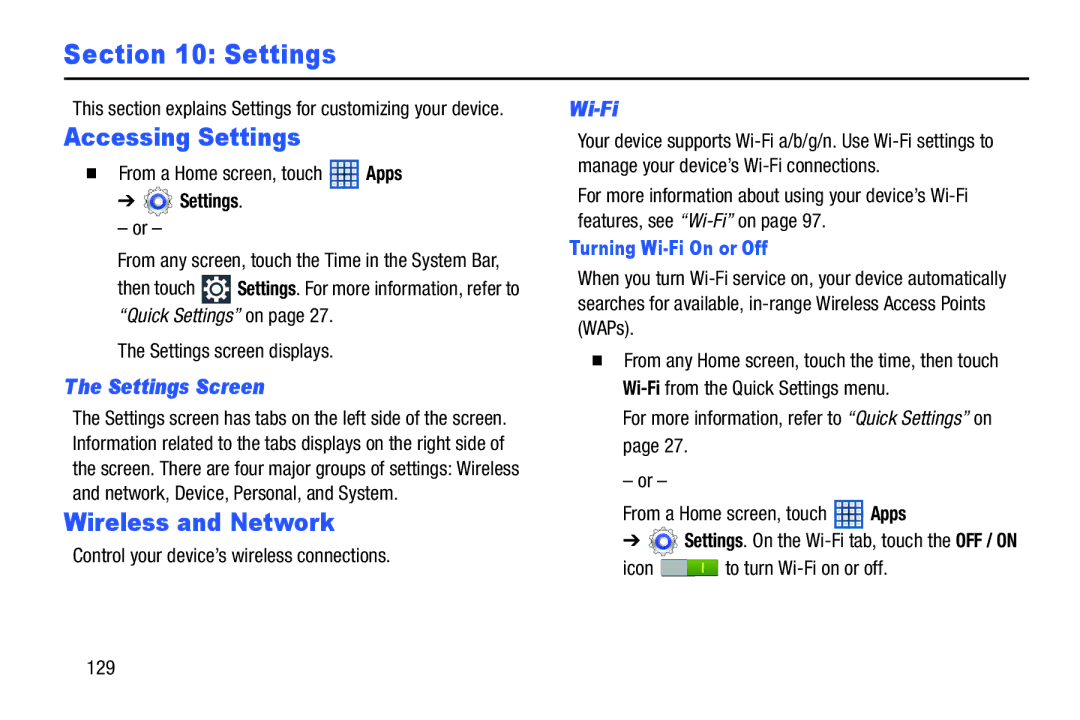 Samsung GT-N5110 user manual Accessing Settings, Wireless and Network, Settings Screen, Wi-Fi 