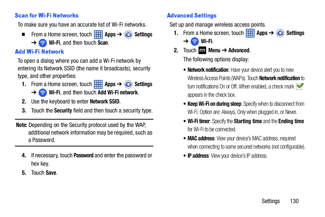 Samsung GT-N5110 user manual Scan for Wi-Fi Networks, Add Wi-Fi Network, Advanced Settings 