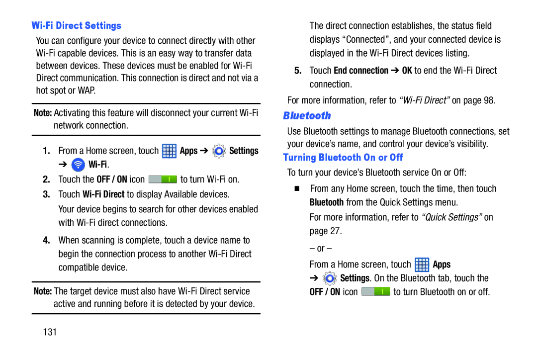 Samsung GT-N5110 user manual Bluetooth, Wi-Fi Direct Settings, Touch End connection OK to end the Wi-Fi Direct connection 