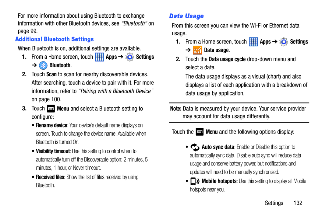 Samsung GT-N5110 user manual Data Usage, Additional Bluetooth Settings 