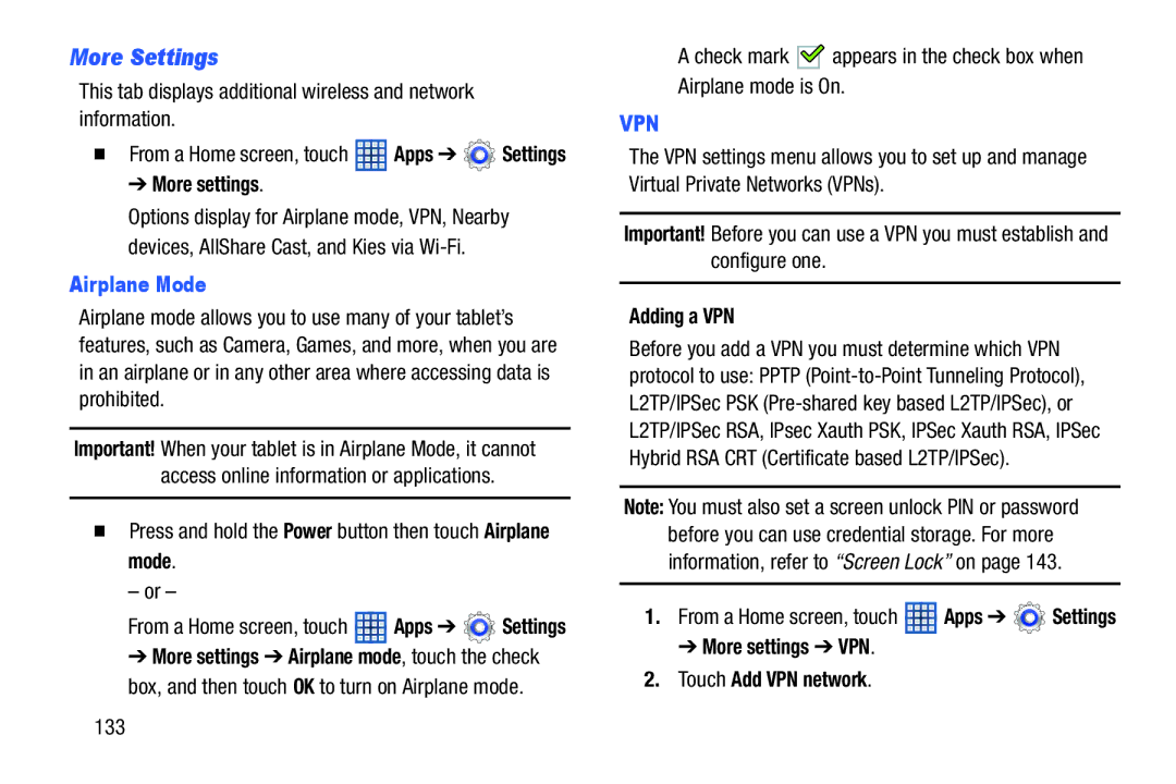 Samsung GT-N5110 user manual More Settings, Airplane Mode, Adding a VPN, More settings VPN Touch Add VPN network 