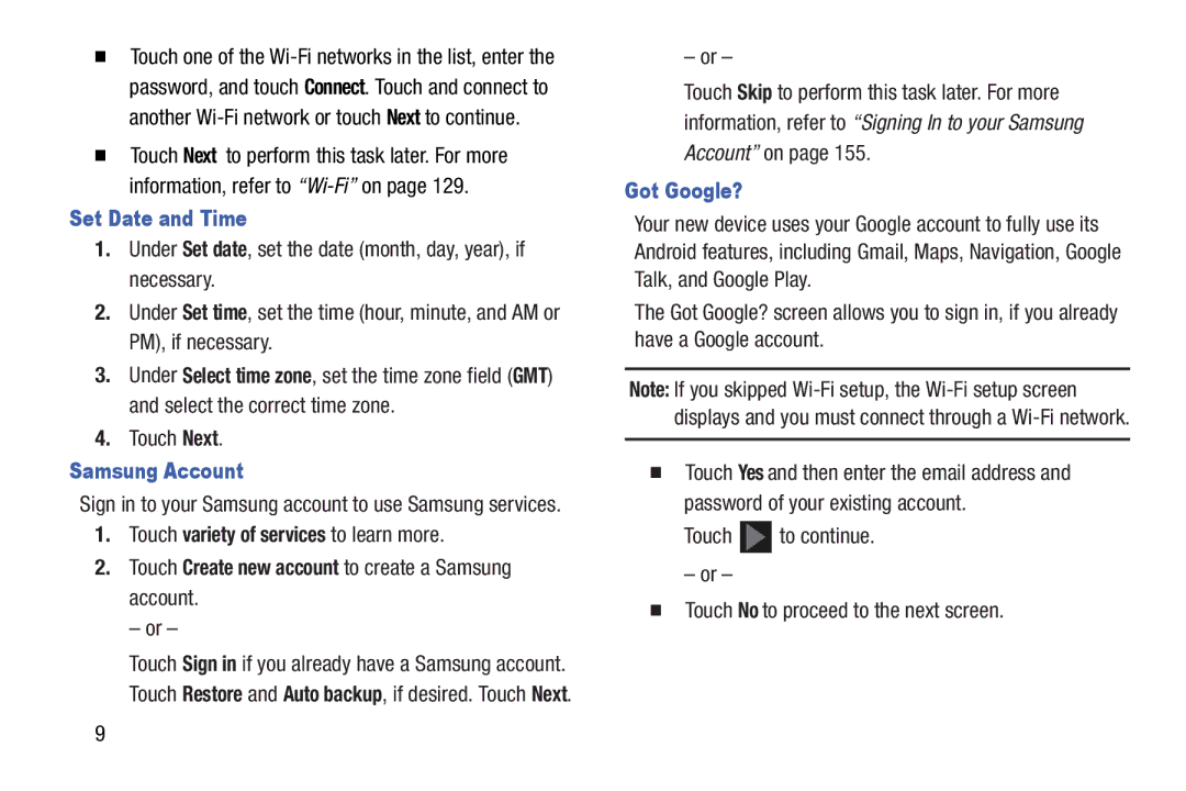 Samsung GT-N5110 Set Date and Time, Samsung Account, Touch Create new account to create a Samsung account, Got Google? 