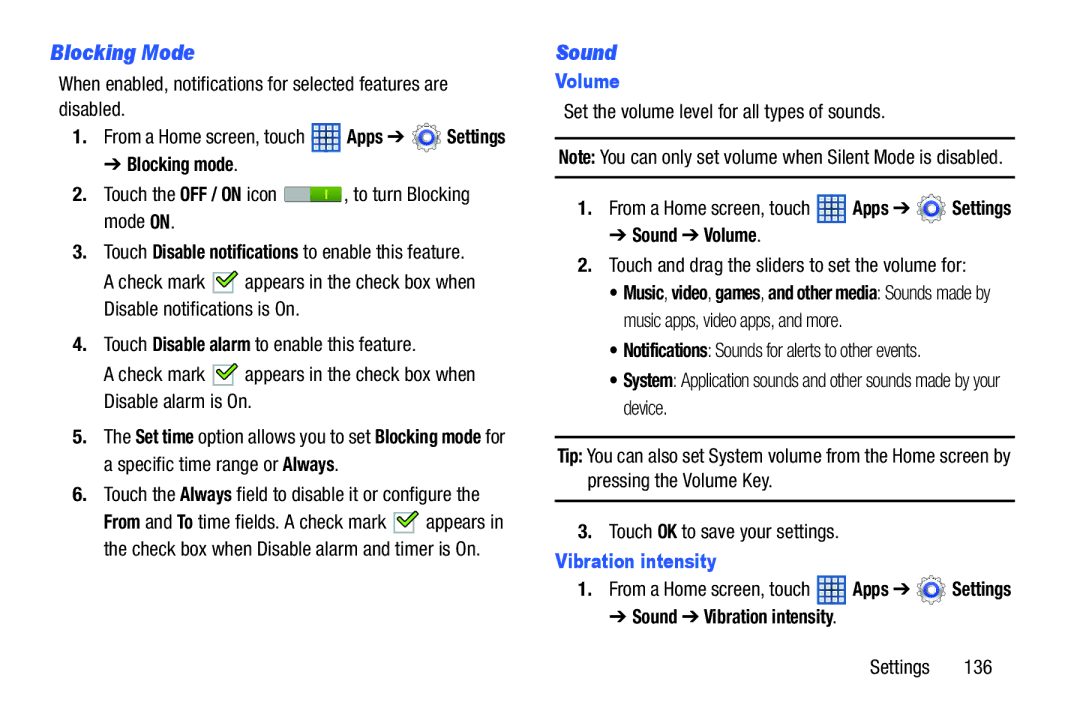 Samsung GT-N5110 user manual Blocking Mode, Sound, Volume, Vibration intensity 