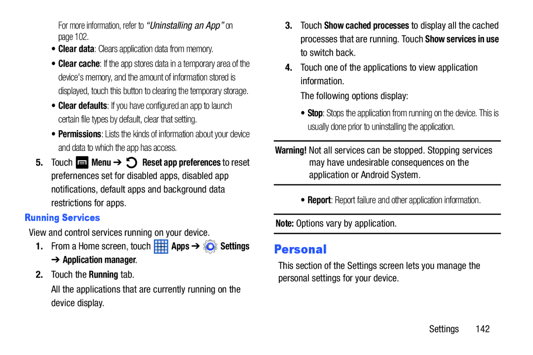 Samsung GT-N5110 user manual Personal, For more information, refer to Uninstalling an App on, Running Services 