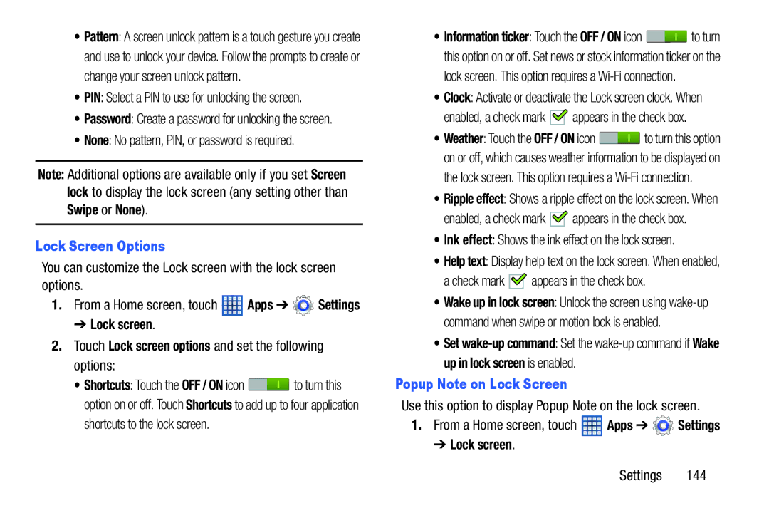 Samsung GT-N5110 user manual None No pattern, PIN, or password is required, Lock Screen Options, Popup Note on Lock Screen 