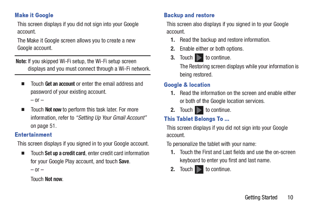 Samsung GT-N5110 user manual Make it Google, Entertainment, Backup and restore, Google & location, This Tablet Belongs To 