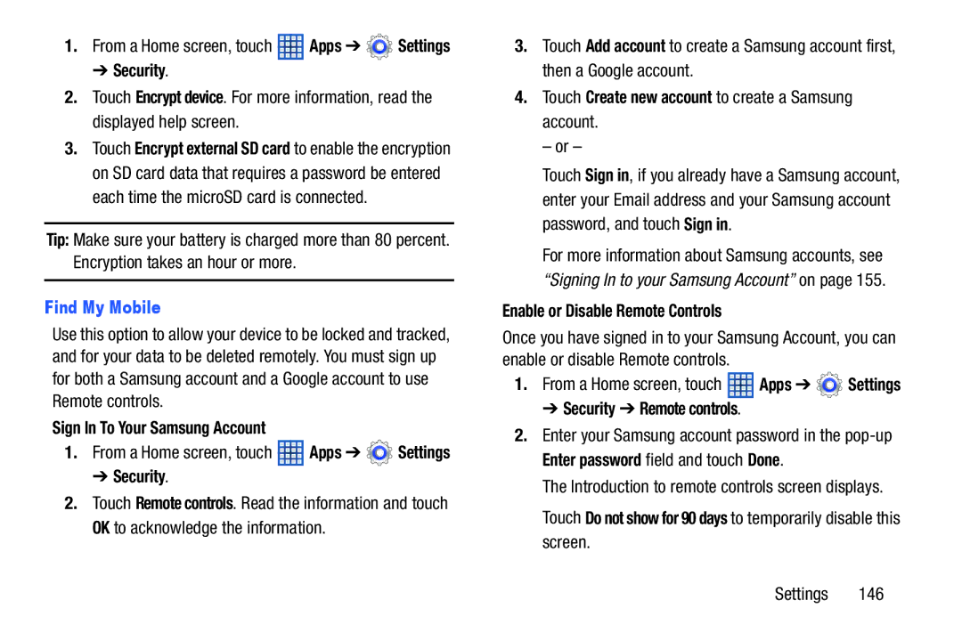 Samsung GT-N5110 user manual Security, Find My Mobile, Sign In To Your Samsung Account, Enable or Disable Remote Controls 