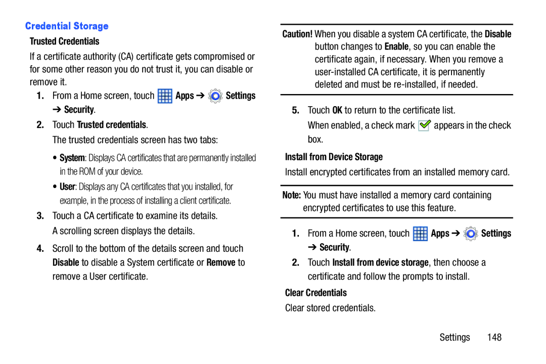 Samsung GT-N5110 Credential Storage, Trusted Credentials, Security Touch Trusted credentials, Install from Device Storage 