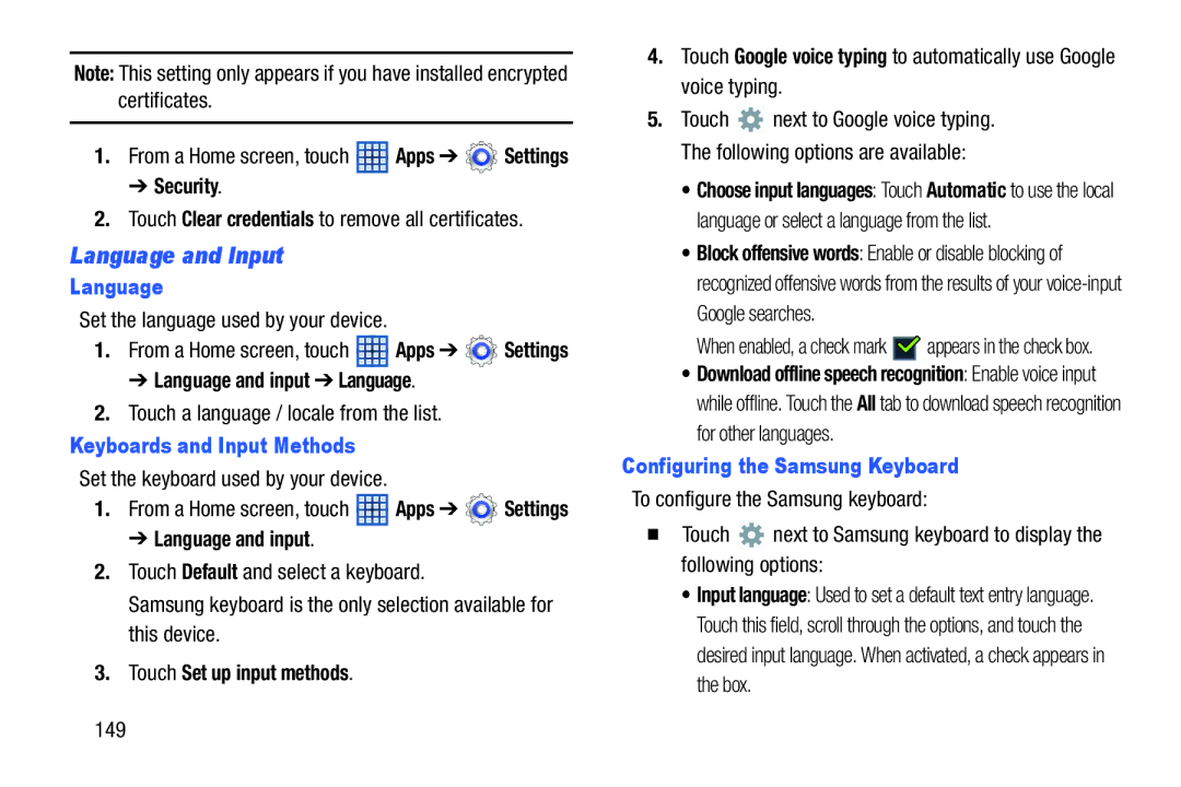 Samsung GT-N5110 user manual Language and Input, Language and input Language, Keyboards and Input Methods 