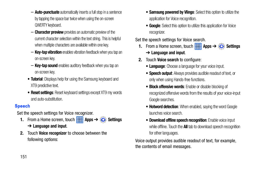 Samsung GT-N5110 user manual Speech, Set the speech settings for Voice recognizer, Touch Voice search to configure 