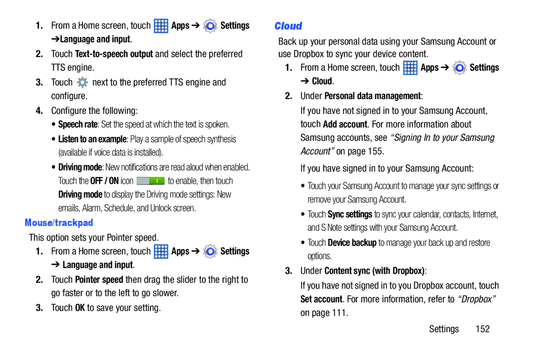 Samsung GT-N5110 user manual Mouse/trackpad, Cloud Under Personal data management, Under Content sync with Dropbox 