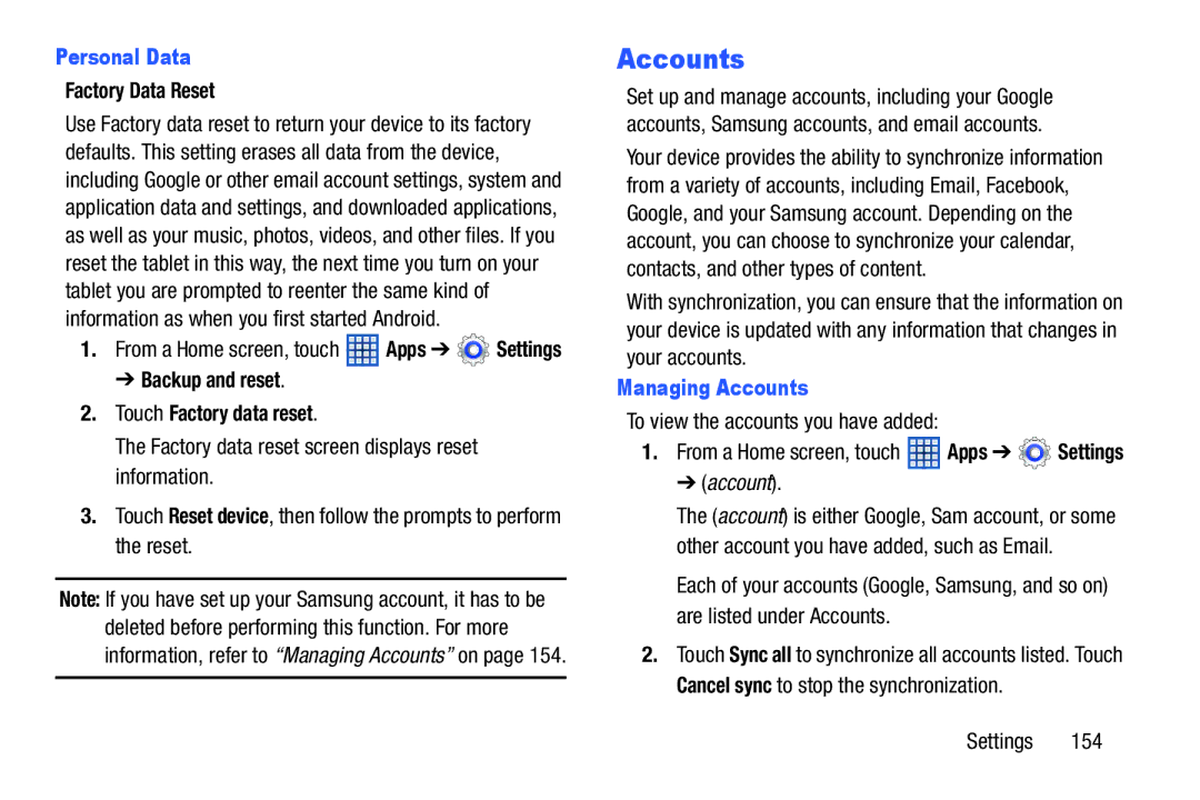 Samsung GT-N5110 Personal Data, Factory Data Reset, Backup and reset Touch Factory data reset, Managing Accounts 