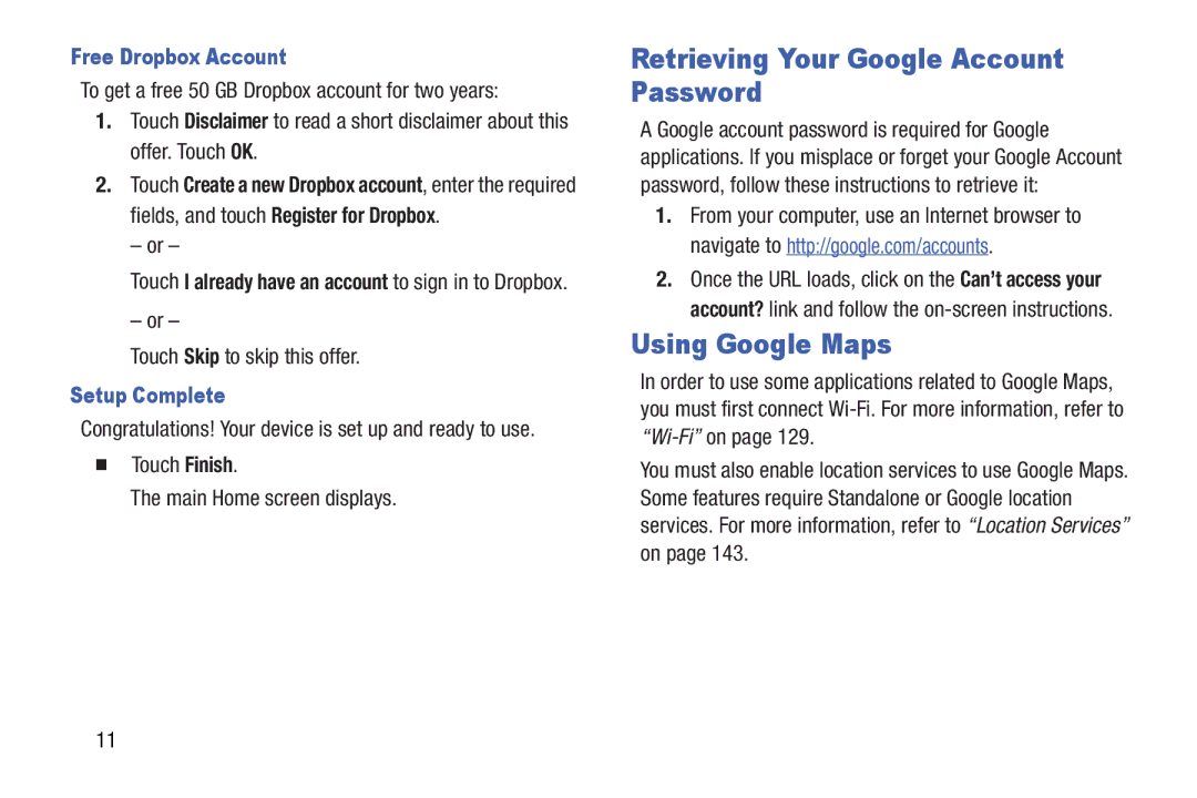 Samsung GT-N5110 Retrieving Your Google Account Password, Using Google Maps, Free Dropbox Account, Setup Complete 