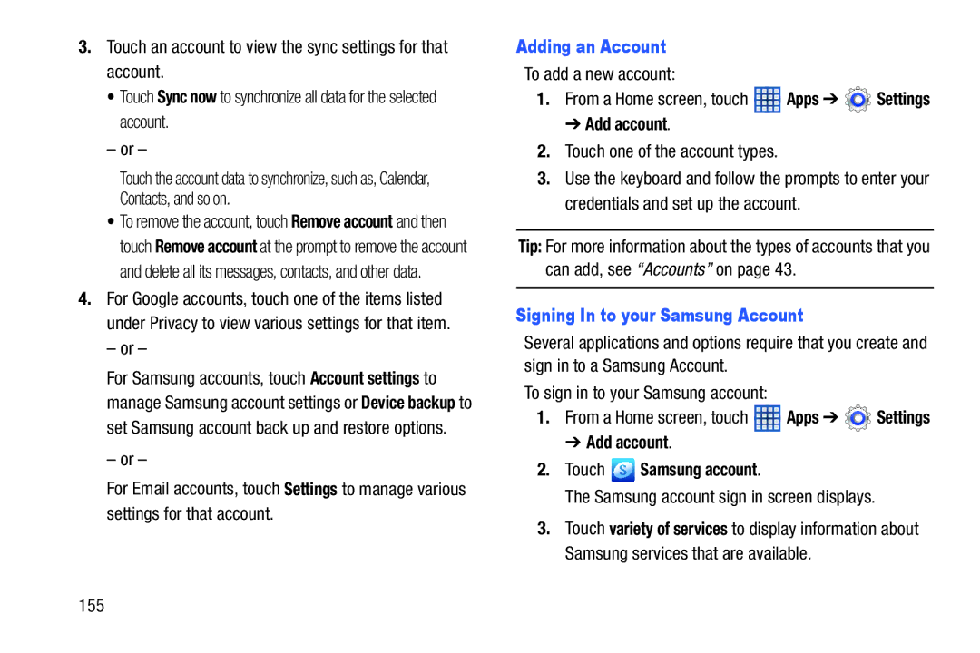 Samsung GT-N5110 user manual Adding an Account, Signing In to your Samsung Account, Add account Touch Samsung account 