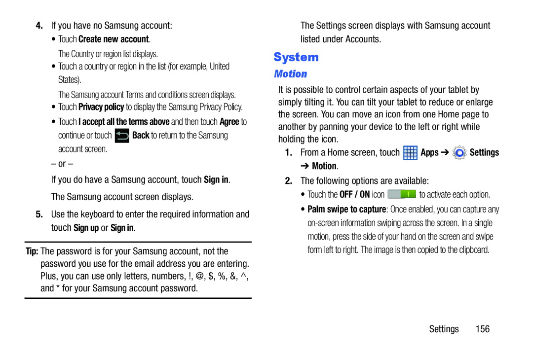 Samsung GT-N5110 user manual System, Motion, If you have no Samsung account, Following options are available 