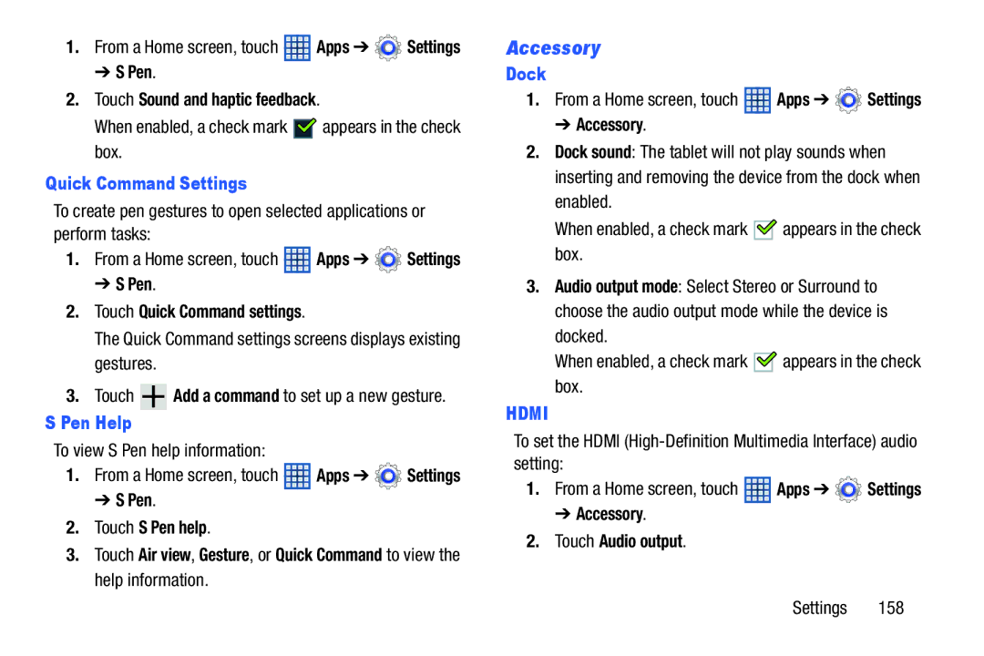 Samsung GT-N5110 user manual Accessory, Quick Command Settings, Pen Help, Dock 