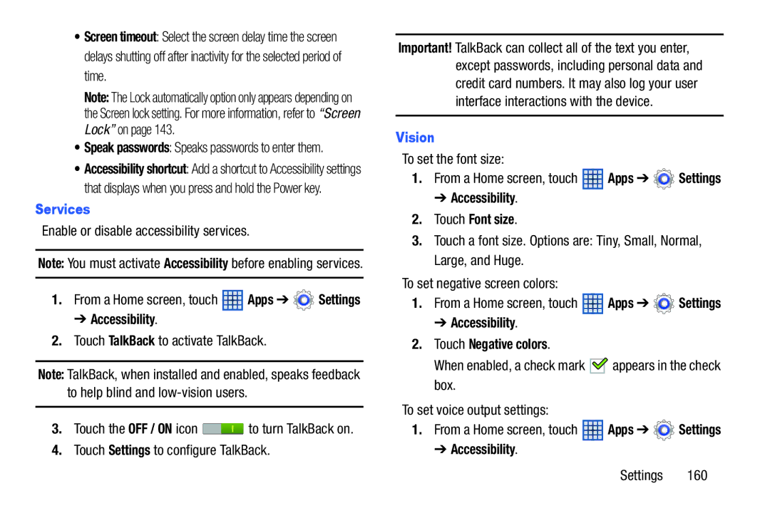 Samsung GT-N5110 user manual Services, Vision, Accessibility Touch Font size, Accessibility Touch Negative colors 