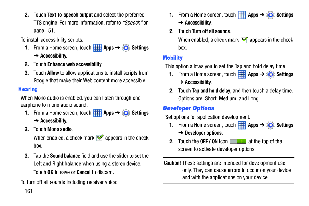 Samsung GT-N5110 user manual Developer Options, Hearing, Mobility 