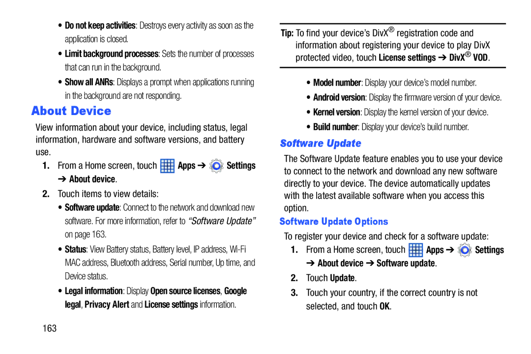 Samsung GT-N5110 user manual About Device, Software Update Options, About device Software update 