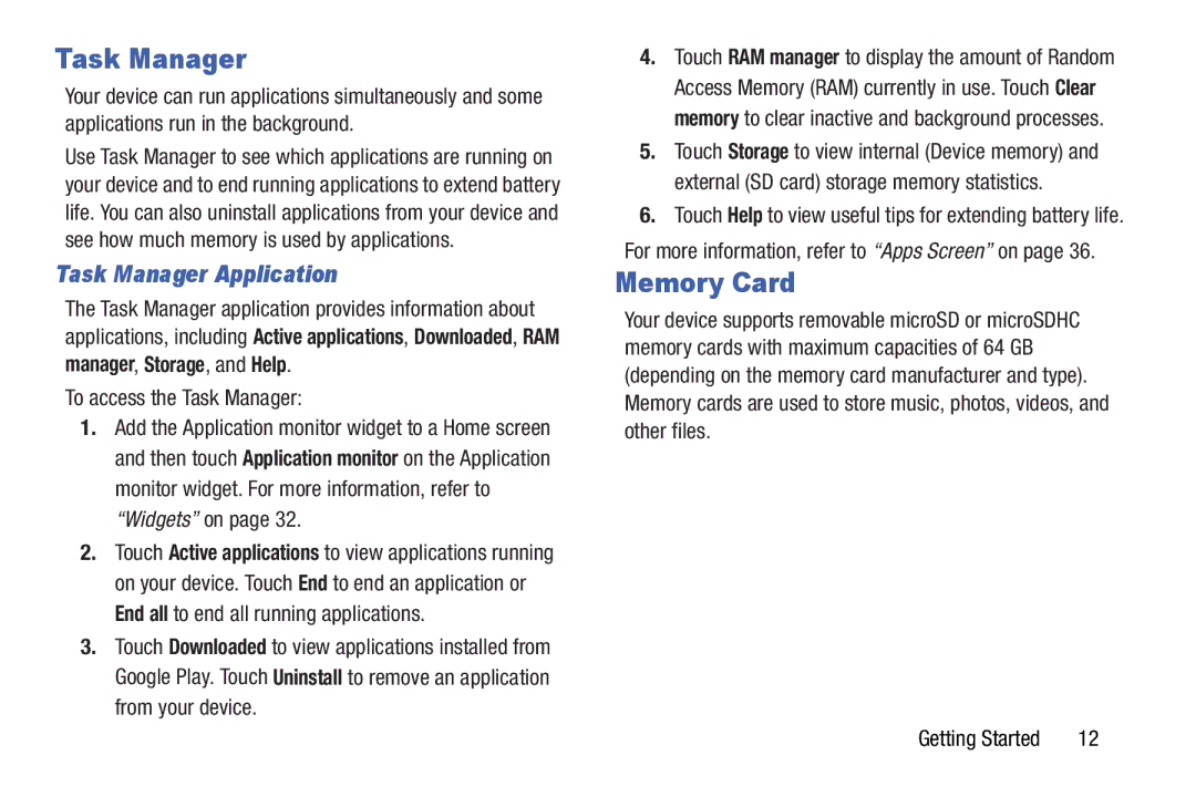 Samsung GT-N5110 user manual Memory Card, Task Manager Application, To access the Task Manager 