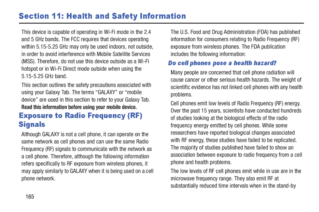 Samsung GT-N5110 user manual Health and Safety Information, Exposure to Radio Frequency RF Signals, 165 