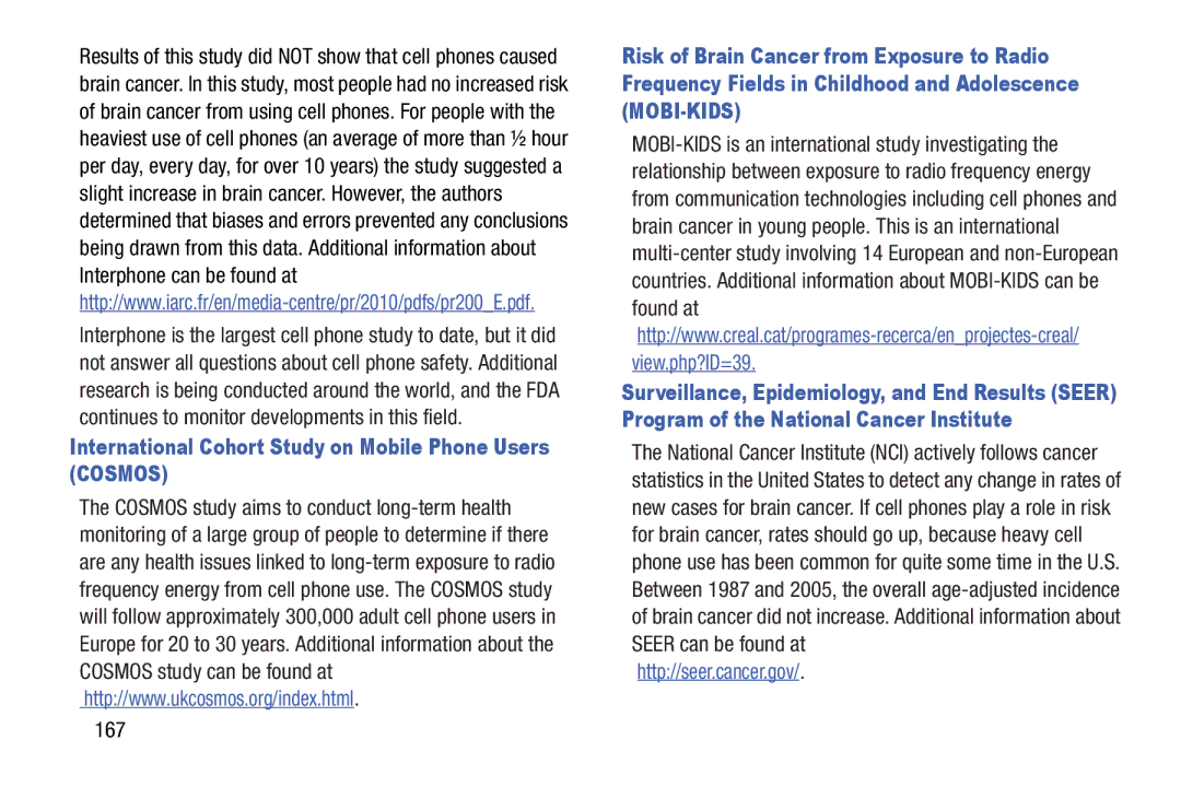 Samsung GT-N5110 user manual International Cohort Study on Mobile Phone Users Cosmos, 167 