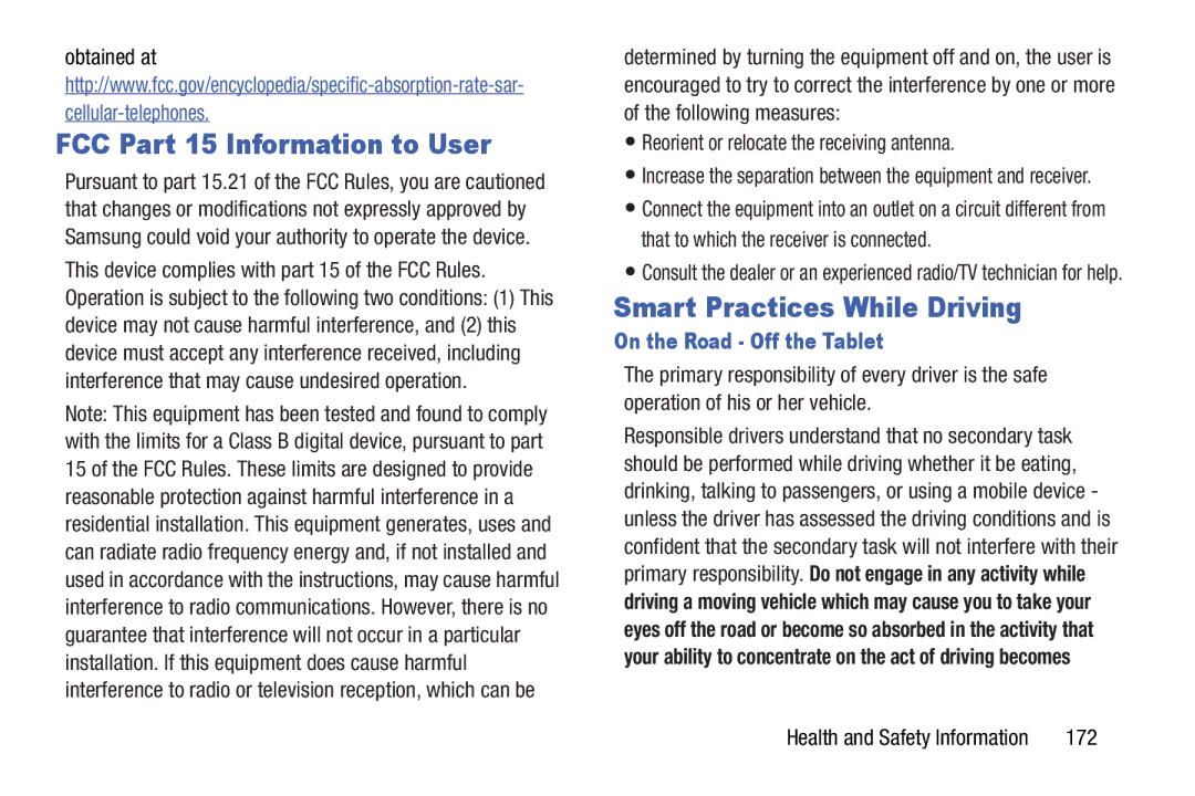 Samsung GT-N5110 FCC Part 15 Information to User, Smart Practices While Driving, On the Road Off the Tablet, 172 