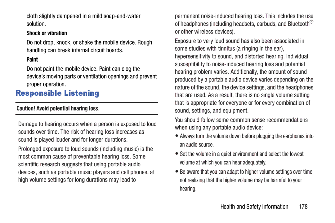 Samsung GT-N5110 Responsible Listening, Cloth slightly dampened in a mild soap-and-water solution, Shock or vibration, 178 