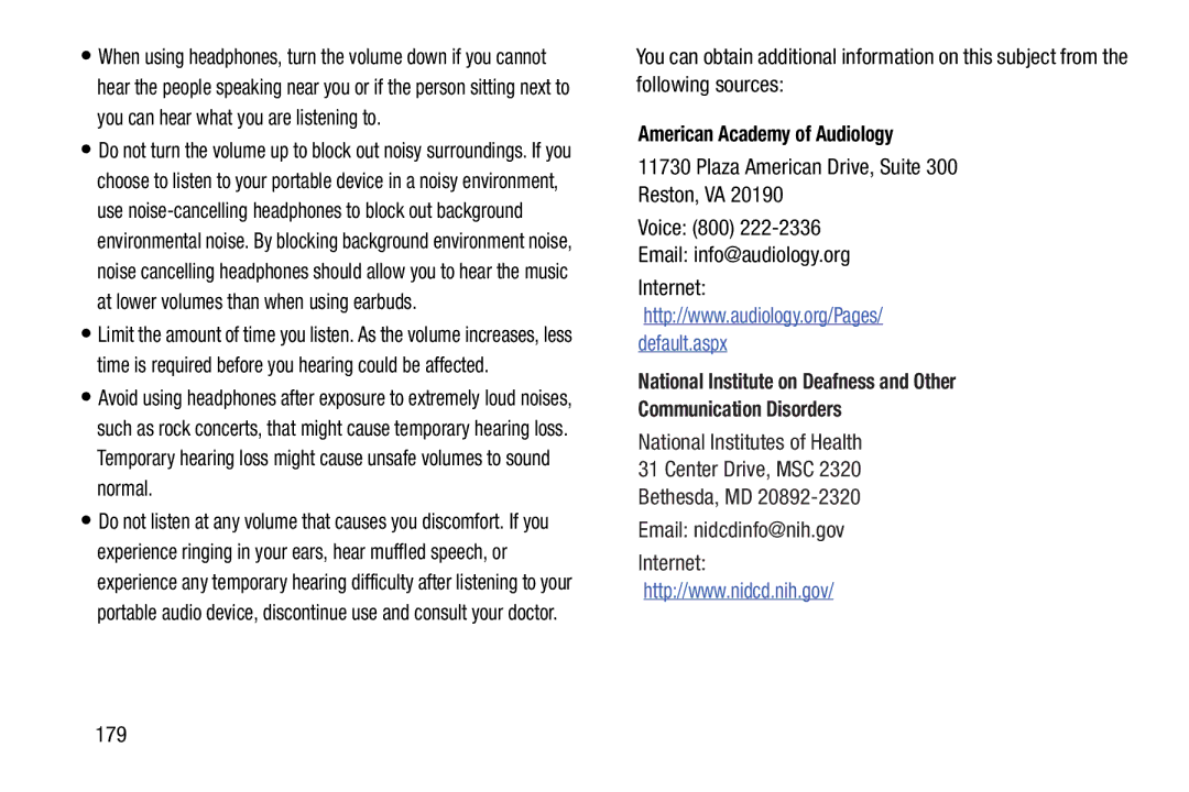 Samsung GT-N5110 user manual American Academy of Audiology, Plaza American Drive, Suite 300 Reston, VA Voice 800, 179 