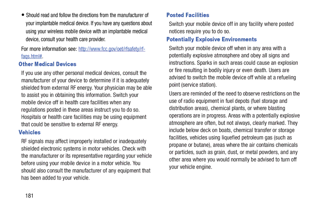 Samsung GT-N5110 user manual Other Medical Devices, Vehicles, Posted Facilities, Potentially Explosive Environments, 181 