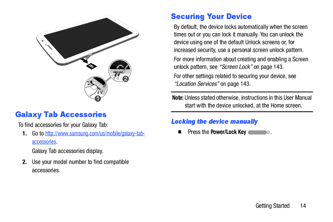 Samsung GT-N5110 Galaxy Tab Accessories, Securing Your Device, Locking the device manually,  Press the Power/Lock Key 