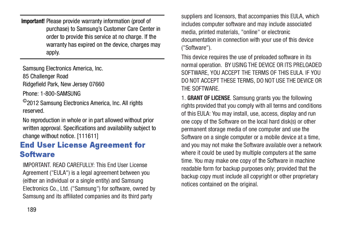 Samsung GT-N5110 user manual End User License Agreement for Software, Samsung Electronics America, Inc Challenger Road, 189 