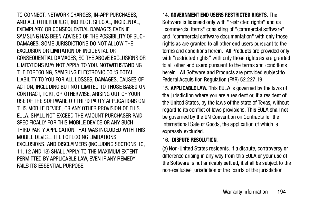 Samsung GT-N5110 user manual Dispute Resolution, 194 