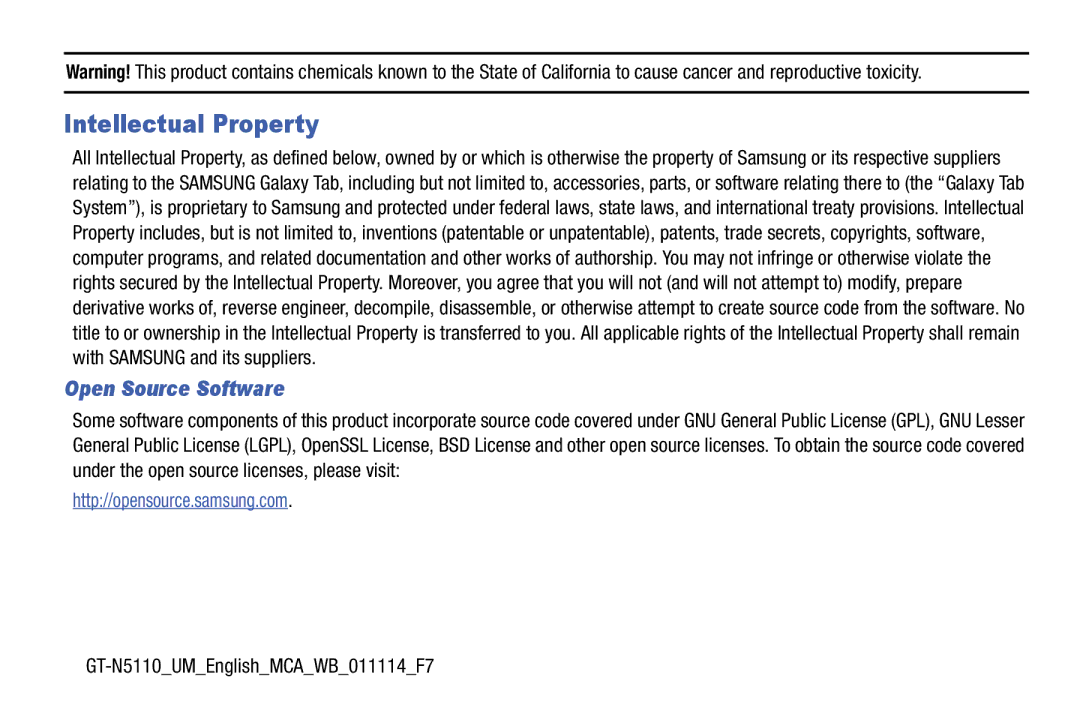 Samsung user manual Intellectual Property, Open Source Software, GT-N5110UMEnglishMCAWB011114F7 