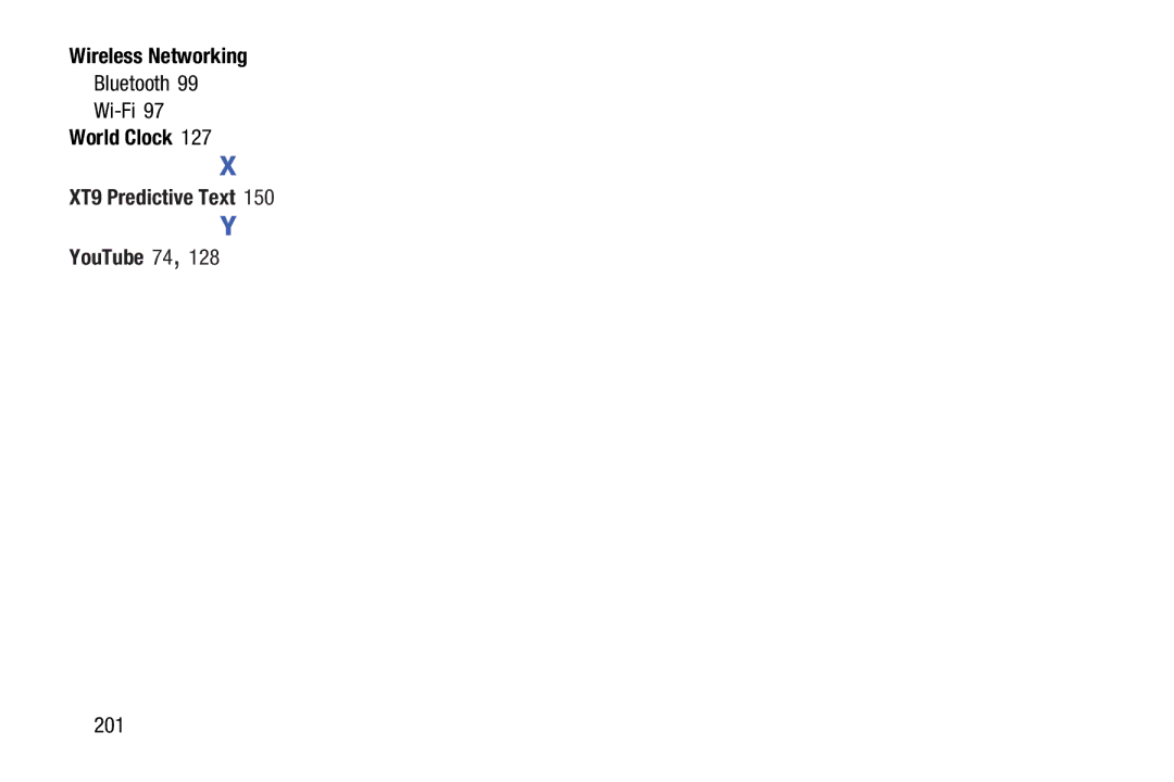 Samsung GT-N5110 user manual Wireless Networking, Bluetooth Wi-Fi, World Clock XT9 Predictive Text YouTube 74, 201 
