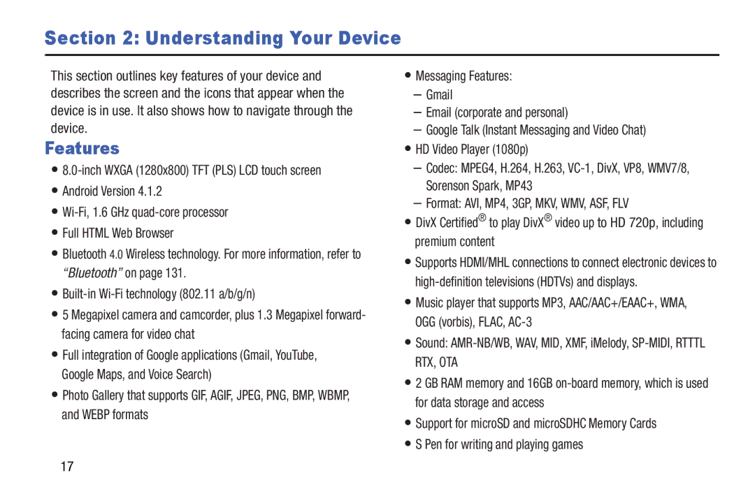 Samsung GT-N5110 user manual Understanding Your Device, Features 