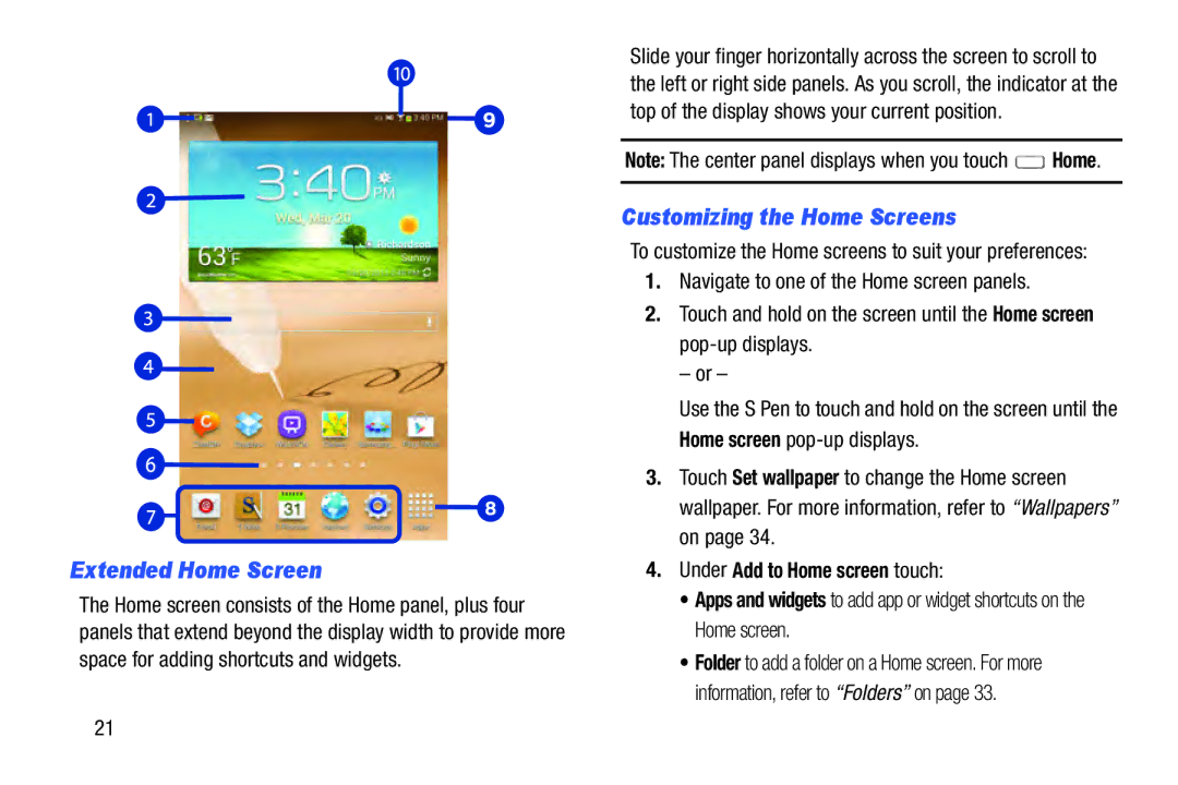 Samsung GT-N5110 user manual Extended Home Screen, Customizing the Home Screens 