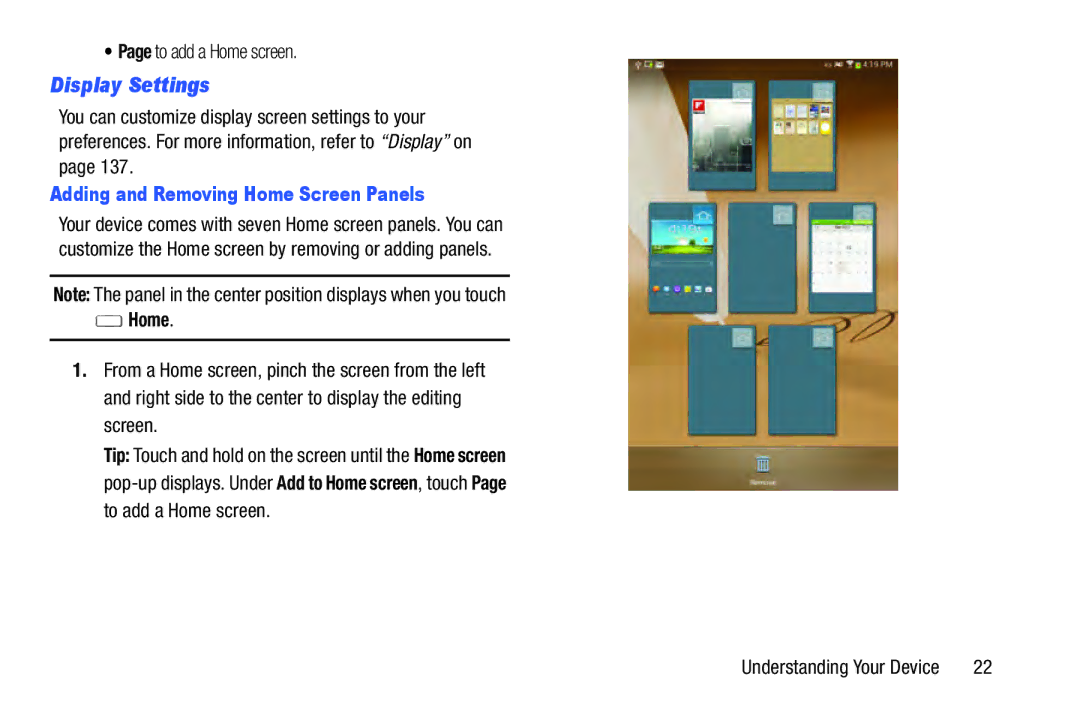 Samsung GT-N5110 user manual Display Settings, To add a Home screen, Adding and Removing Home Screen Panels 