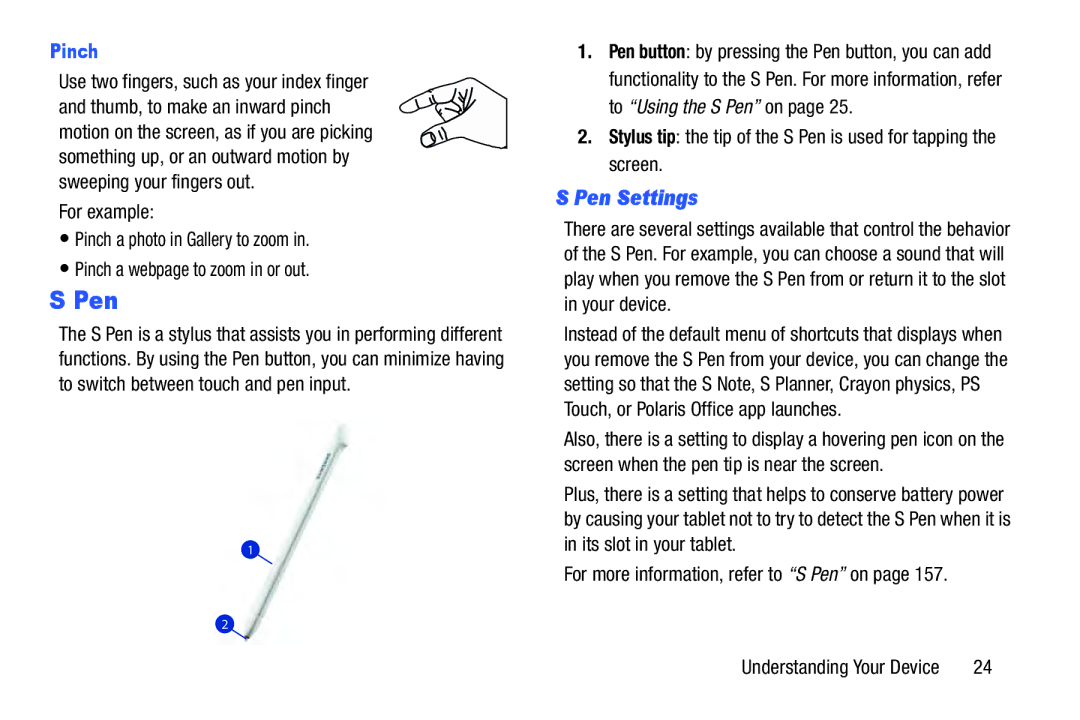 Samsung GT-N5110 user manual Pen Settings, Pinch, For more information, refer to S Pen on 